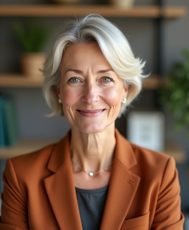 Visage d'exemple d'un avatar sur mesure : patronne de PME, blazer terracotta